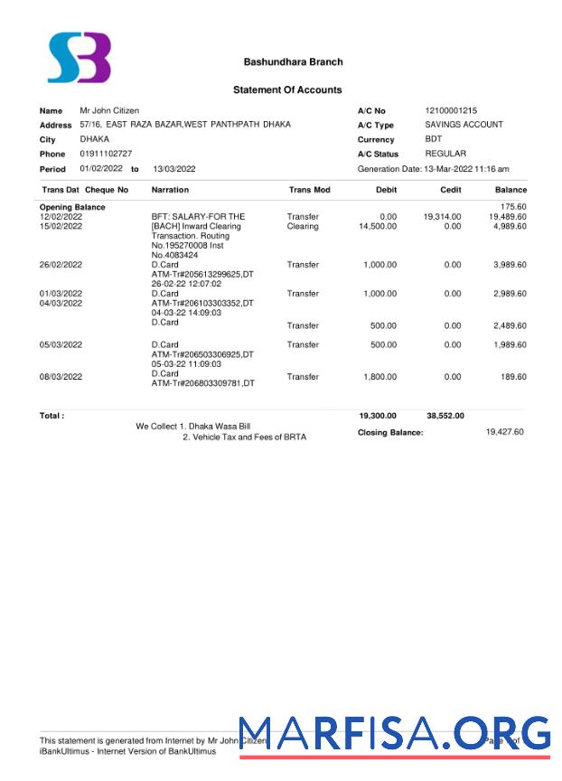 Printable Bangladesh SB bank statement word download for verification